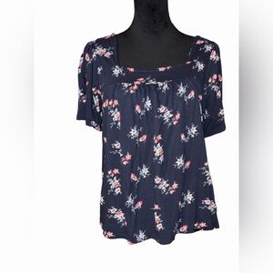 Lucky Brand Navy Ditsy Floral Square Neck Top Soft Modal Blend L